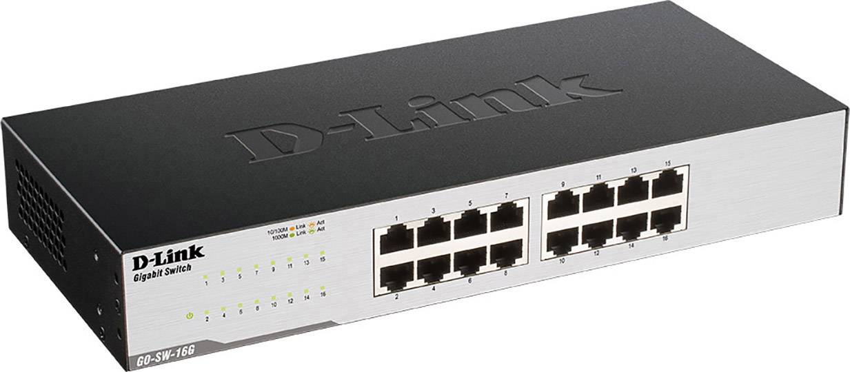 Un commutateur D-Link Gigabit avec 16 ports Ethernet, adapté pour connecter plusieurs appareils en réseau.