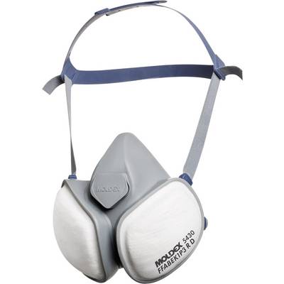 Masque de protection respiratoire gris avec deux filtres blancs, fixé par des sangles réglables. Marqué avec l'inscription 'Moldex 5430'.