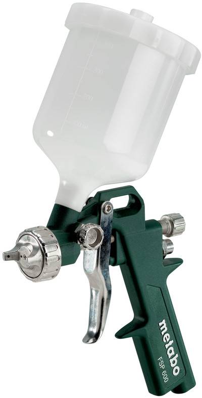 Pistolet pulvérisateur Metabo vert avec gobelet à peinture translucide et buse métallique, présenté sur fond blanc.
