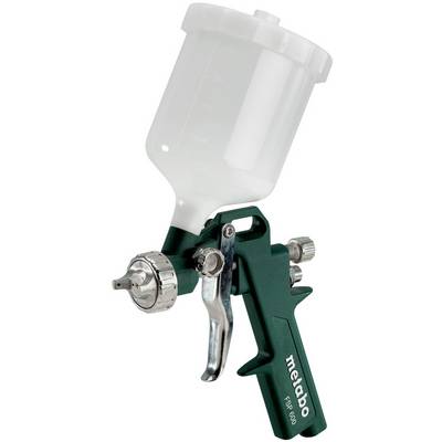 Pistolet pulvérisateur Metabo vert avec gobelet à peinture translucide et buse métallique, présenté sur fond blanc.