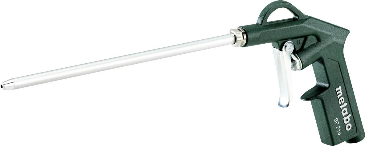 Pistolet de pulvérisation Metabo vert avec long bec verseur en métal et poignée de détente sur fond blanc.