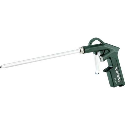 Pistolet de pulvérisation Metabo vert avec long bec verseur en métal et poignée de détente sur fond blanc.