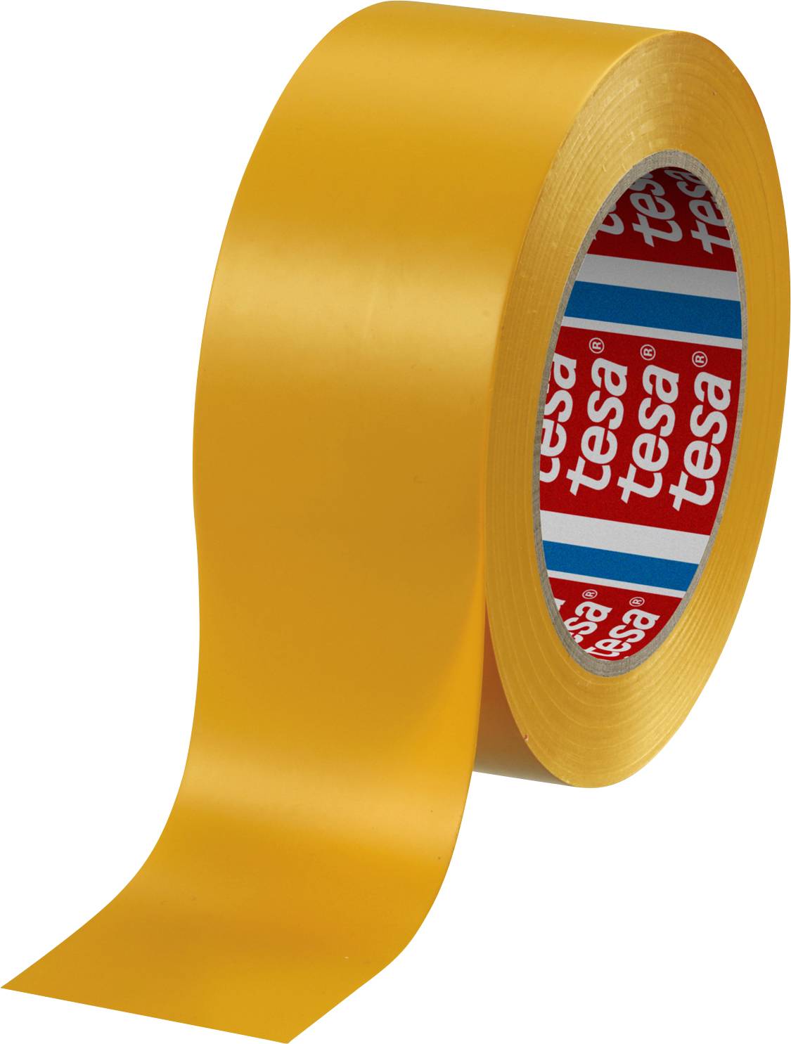 Rouleau de ruban adhésif orange, avec l'intérieur de l'anneau adhésif de la marque 'tesa' visible.