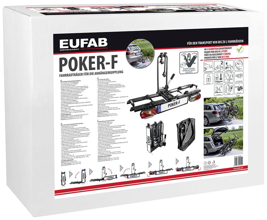 'Emballage du porte-vélos Eufab Poker-F pour attelage de remorque. Montre le support installé sur une voiture, avec des détails et des graphiques des caractéristiques du produit.'