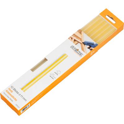 Une boîte orange contenant des bâtons de colle de 11 mm. L'étiquette indique 'Steinel'. Contient 10 bâtons de colle, adaptés aux travaux artisanaux.