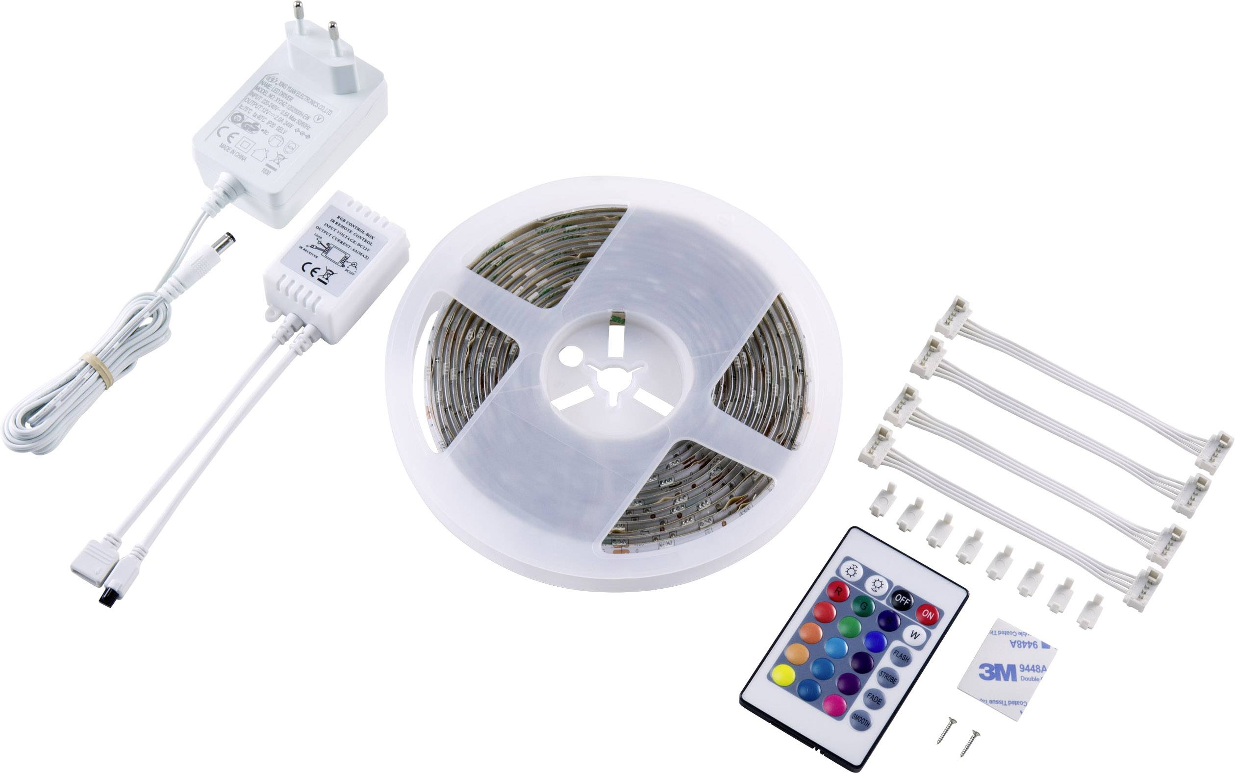 Kit de bande lumineuse LED : un rouleau de bande LED, bloc d'alimentation, télécommande, câble de connexion, matériel de montage.