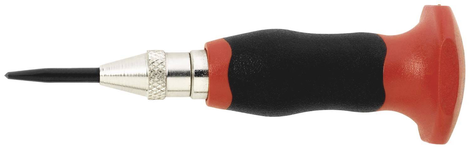 Un marqueur automatique avec poignée rouge et noire et pointe métallique, utilisé pour marquer des points sur des surfaces métalliques.