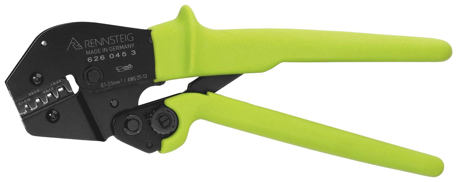 Pince à sertir verte avec tête noire, fabriquée en Allemagne. Adaptée pour connecter des fils avec des fiches isolées.