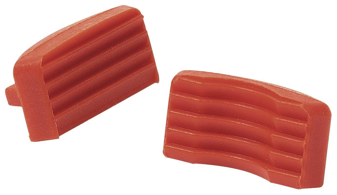 Deux insertions en plastique rouge à surface striée, probablement utilisées comme dispositifs de protection ou poignées.