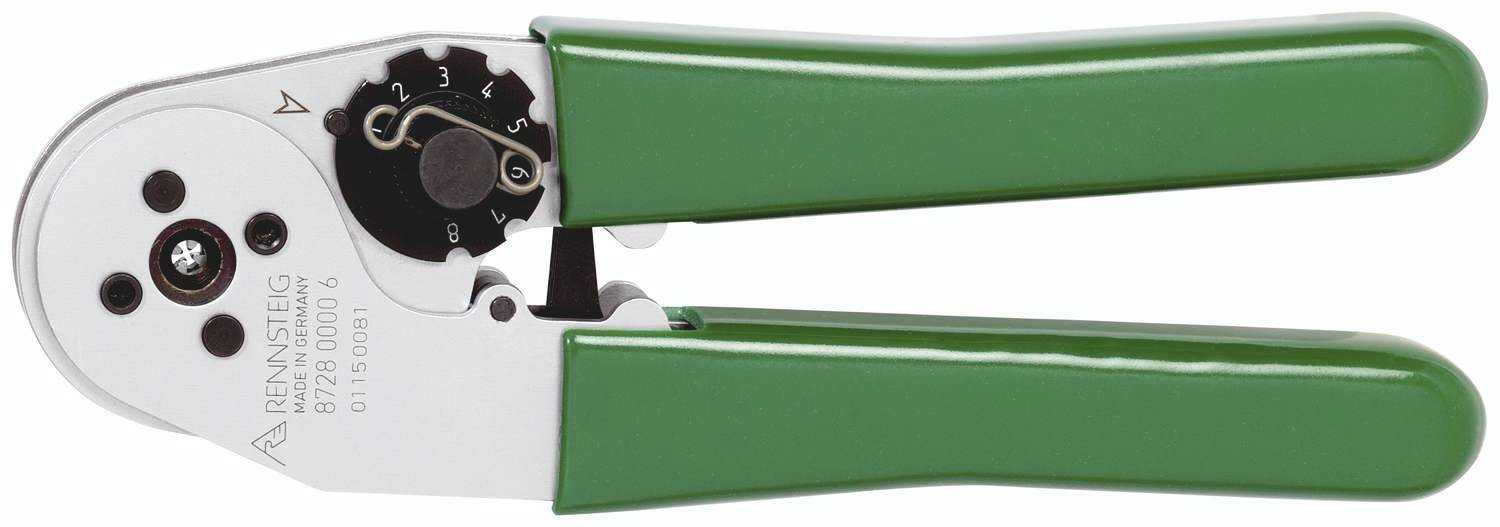 Une pince à sertir verte pour connexions de câbles, fabriquée par Rennsteig, avec molette de réglage pour s'adapter à différentes tailles de câbles.
