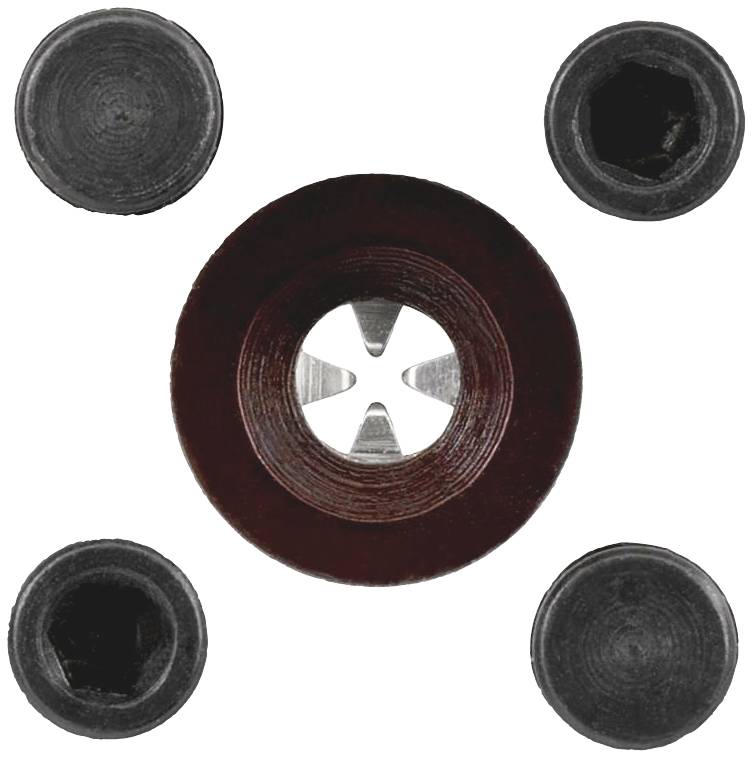 Cinq vis noires avec différents types de têtes, disposées en cercle autour d'un joint d'étanchéité brun au centre.