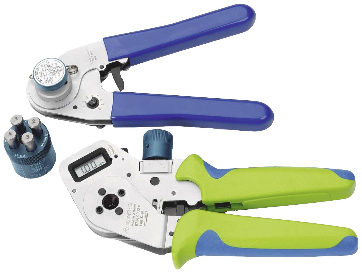 Deux outils de sertissage pour le traitement des connexions de câbles ; l'un avec des poignées bleues, l'autre avec des poignées vertes et un affichage numérique.