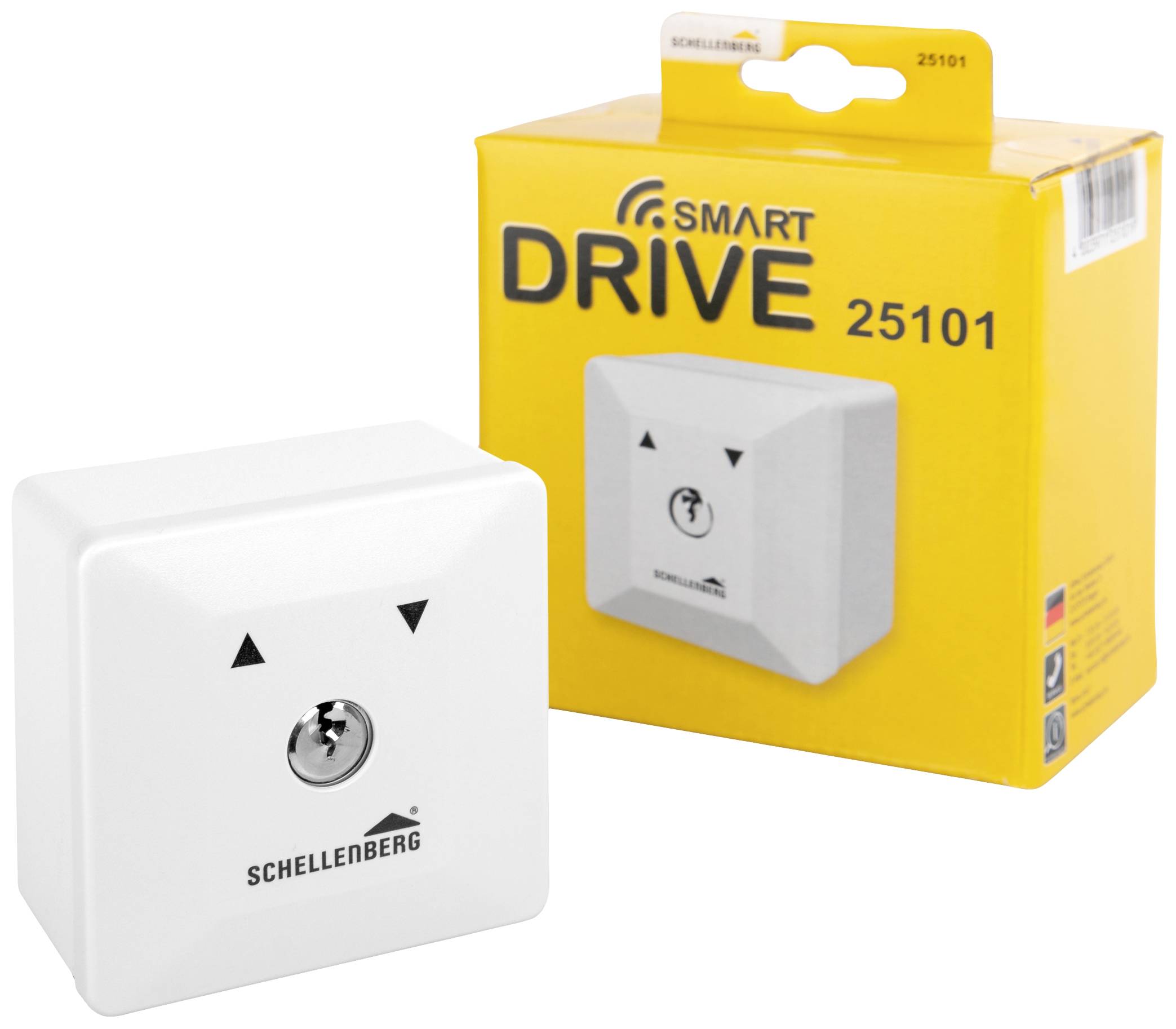 Un dispositif de motorisation de porte de garage blanc de la marque Schellenberg, modèle 'Smart Drive 25101', à côté de l'emballage de produit jaune.