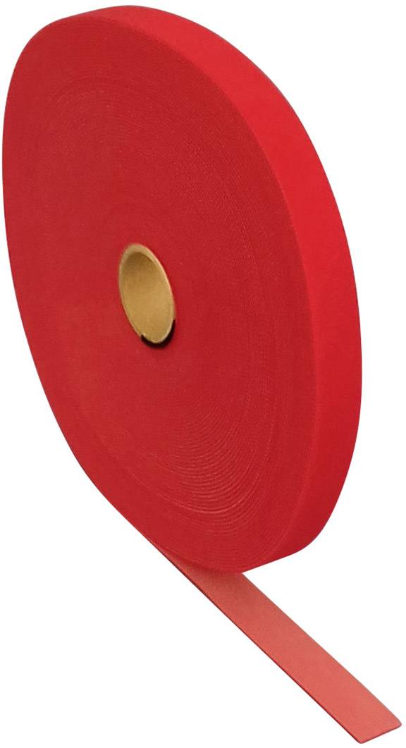 Un rouleau de ruban adhésif rouge de grande taille, partiellement déroulé, est posé verticalement.