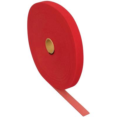 Un rouleau de ruban adhésif rouge de grande taille, partiellement déroulé, est posé verticalement.