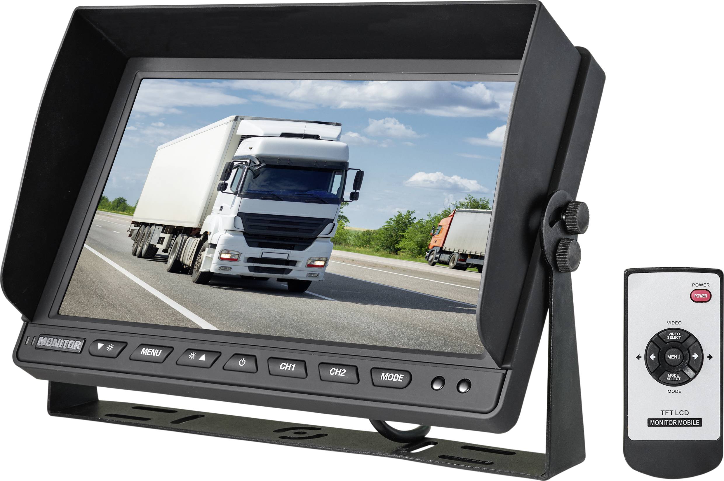 Un écran affiche un camion roulant sur une autoroute. Une télécommande est posée à côté.