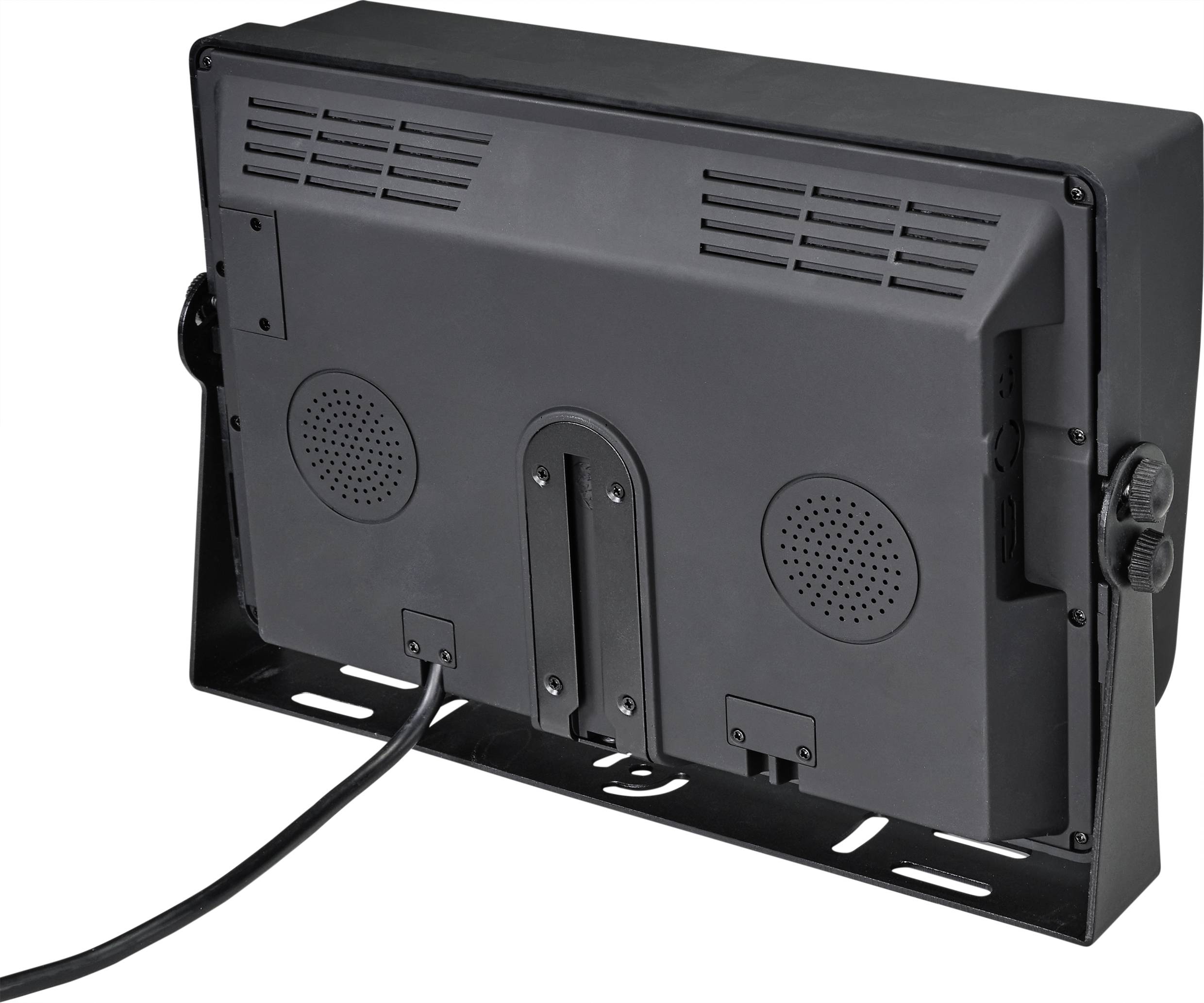 Projecteur LED noir vu de dos, montrant les fentes de ventilation, le raccordement des câbles et le rail de montage. Adapté pour l'éclairage de scène ou d'événements.