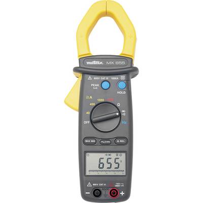 Un multimètre numérique à pince en noir avec une pince jaune. Il affiche '655' sur l'écran et propose différents réglages pour les mesures électriques.
