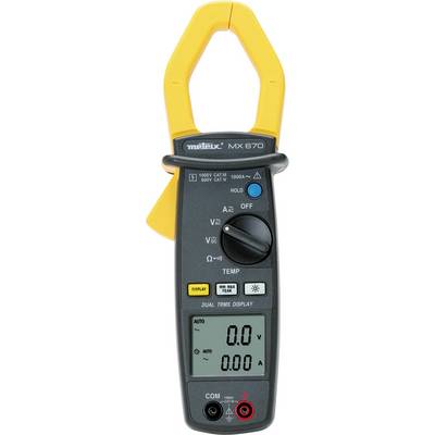 Appareil de mesure numérique de courant avec pinces jaunes, affichage avec valeurs de mesure, commutateur rotatif pour différentes fonctions, boutons de commande.