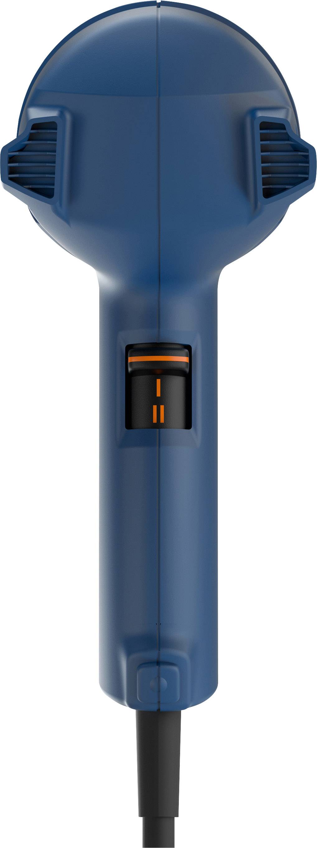 Vue arrière d'un sèche-cheveux bleu avec un câble noir et un interrupteur orange.