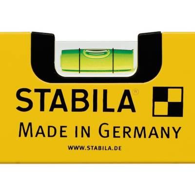 Niveau à bulle Stabila avec boîtier jaune, inscription 'Made in Germany'.