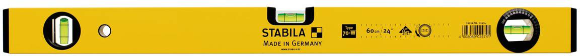 Niveau à bulle avec boîtier jaune, portant la marque 'Stabila' et l'inscription 'Made in Germany', équipé de deux bulles pour l'alignement.
