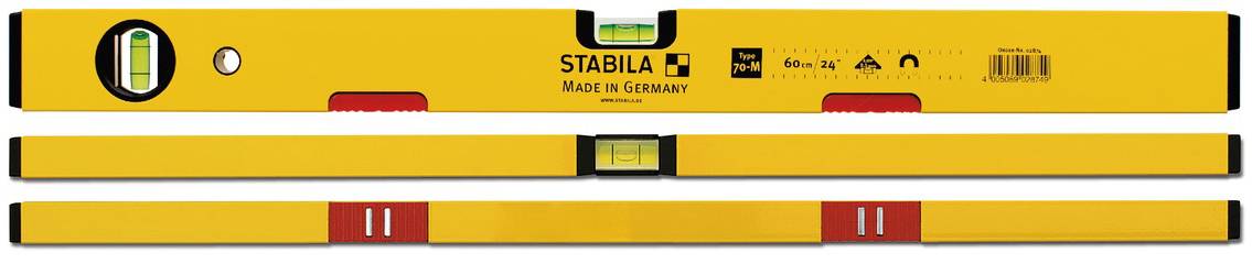 Niveau à bulle jaune portant la mention 'STABILA Made in Germany'. Trois fioles de niveau visibles pour des mesures horizontales et verticales.