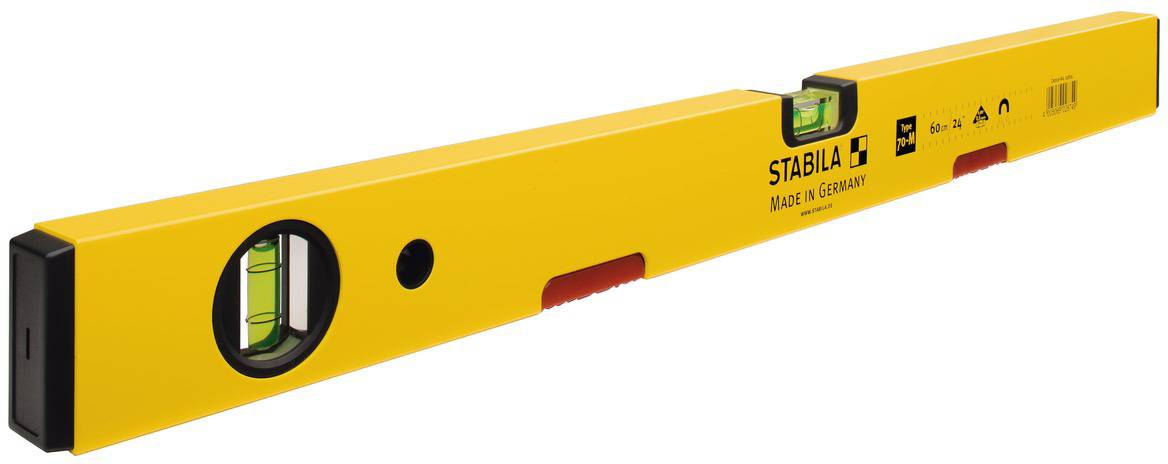 Niveau à bulle en métal jaune avec deux fioles de nivellement. Marqué 'STABILA'.