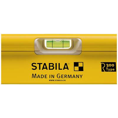 Un niveau à bulle jaune de la marque Stabila portant l'inscription 'Made in Germany'. Il est équipé d'un niveau à bulle pour le nivellement.