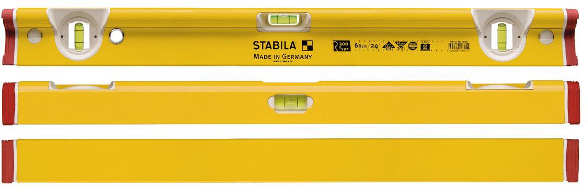 Niveau à bulle en métal jaune avec deux fioles pour des mesures horizontales et verticales. Marqué 'STABILA Made in Germany'.