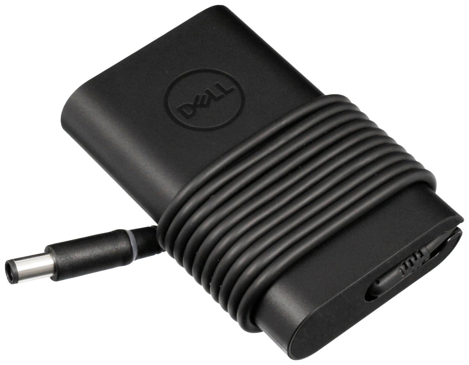 Un chargeur Dell pour ordinateur portable noir avec un câble enroulé et une fiche, posé sur une surface blanche.
