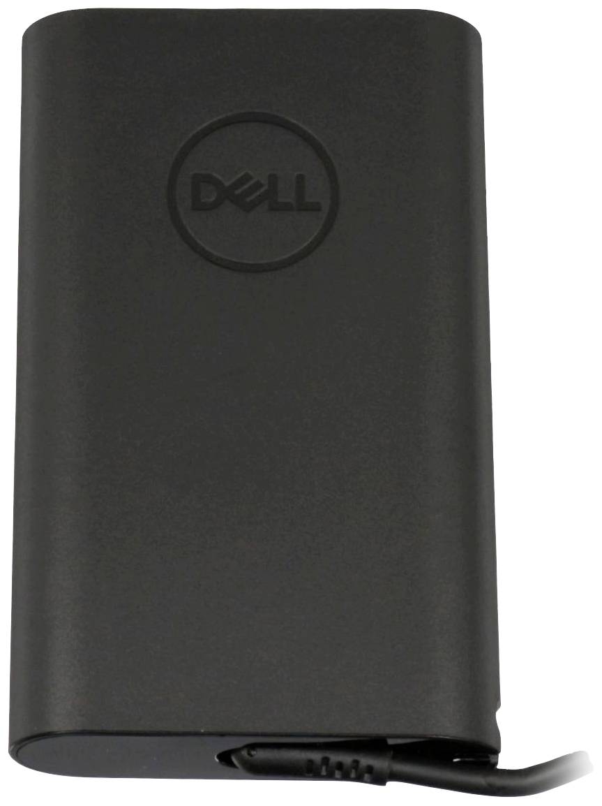 Banque d'alimentation externe Dell de couleur noire avec un câble intégré au bas, adaptée pour charger des ordinateurs portables et des appareils en déplacement.