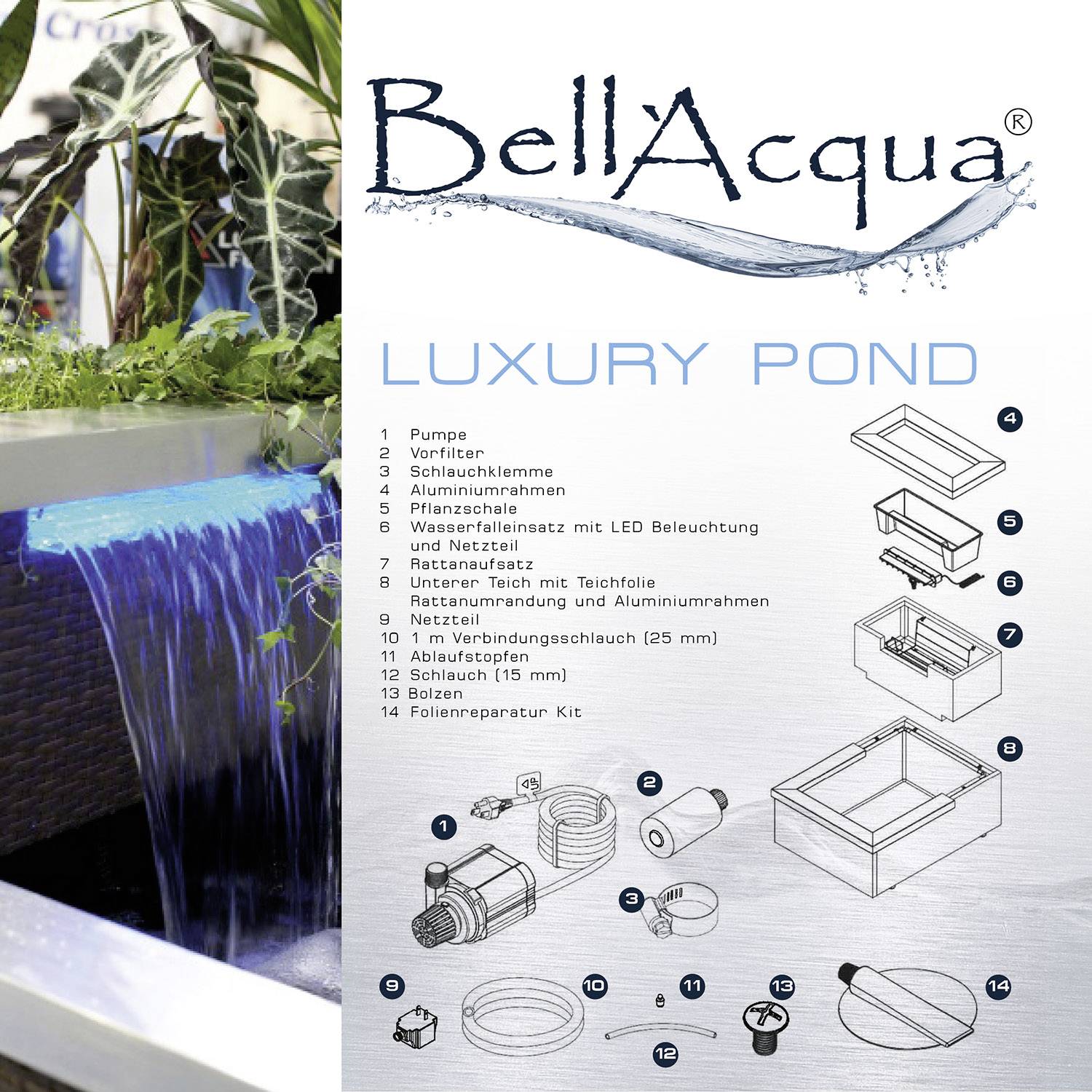 'BellAcqua LUXURY POND' présente un bassin aquatique avec des plantes. Une liste d'accessoires et des dessins de composants sont illustrés à droite.