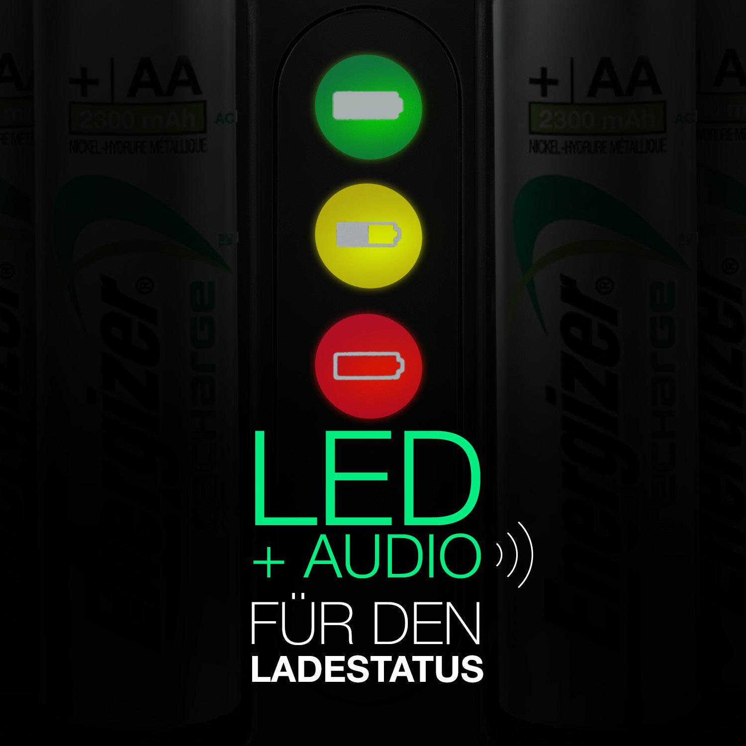 'LED + Audio pour l'état de charge' est affiché devant trois batteries avec des indicateurs LED colorés : Rouge (faible), Jaune (moyen), Vert (plein). Indicateur de stockage d'énergie.