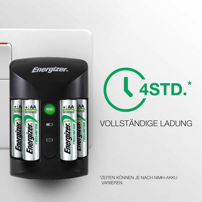 Chargeur branché dans une prise avec quatre piles AA. Texte '4 h*. Charge complète'. Remarque : 'Les temps peuvent varier selon la batterie NiMH'.