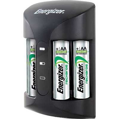 Chargeur de batterie Energizer avec quatre piles AA, 2000 mAh. Les voyants sur le devant indiquent l'état de charge.