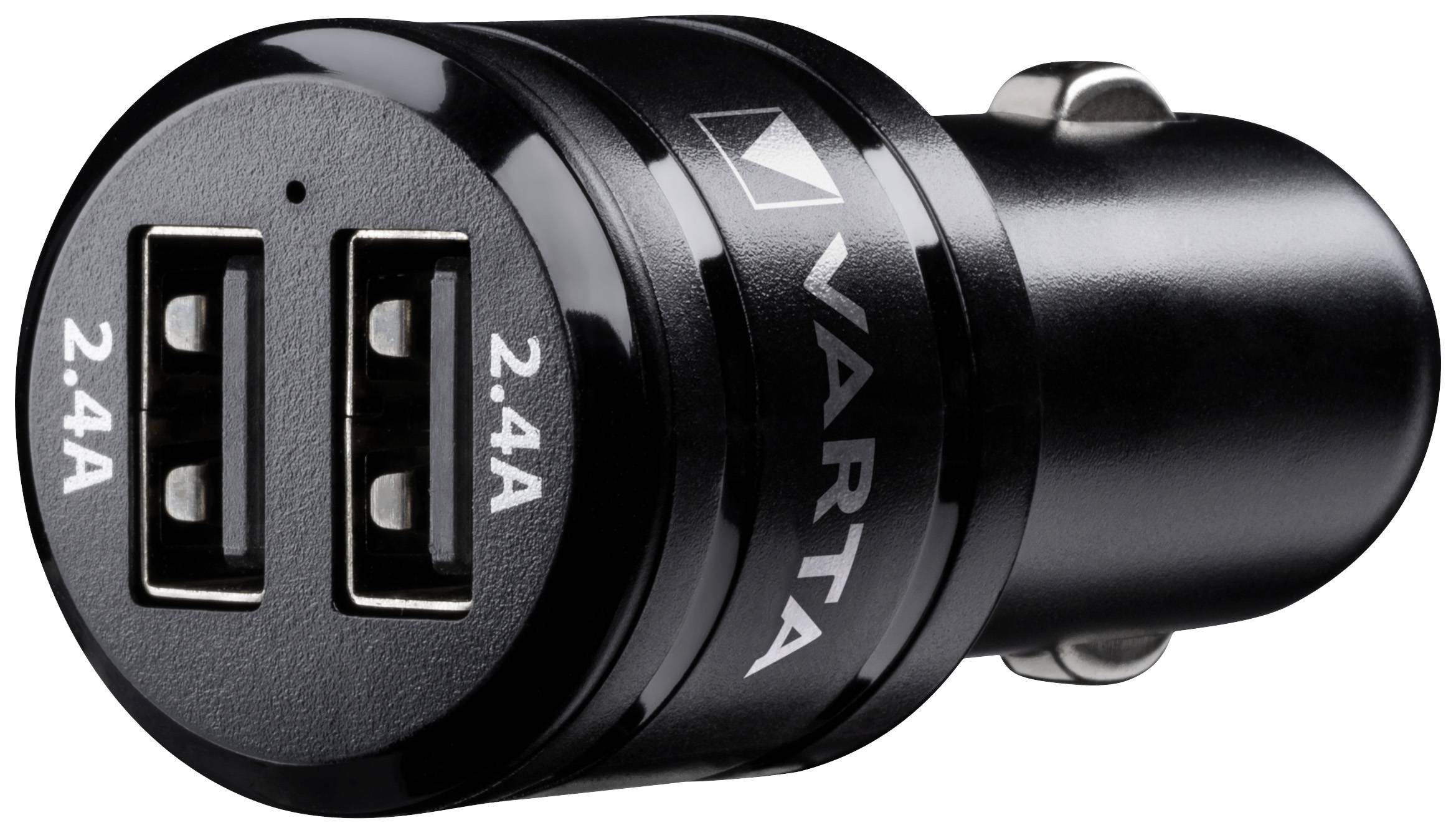 Chargeur noir pour allume-cigare avec deux ports USB, chacun marqué 2,4A.