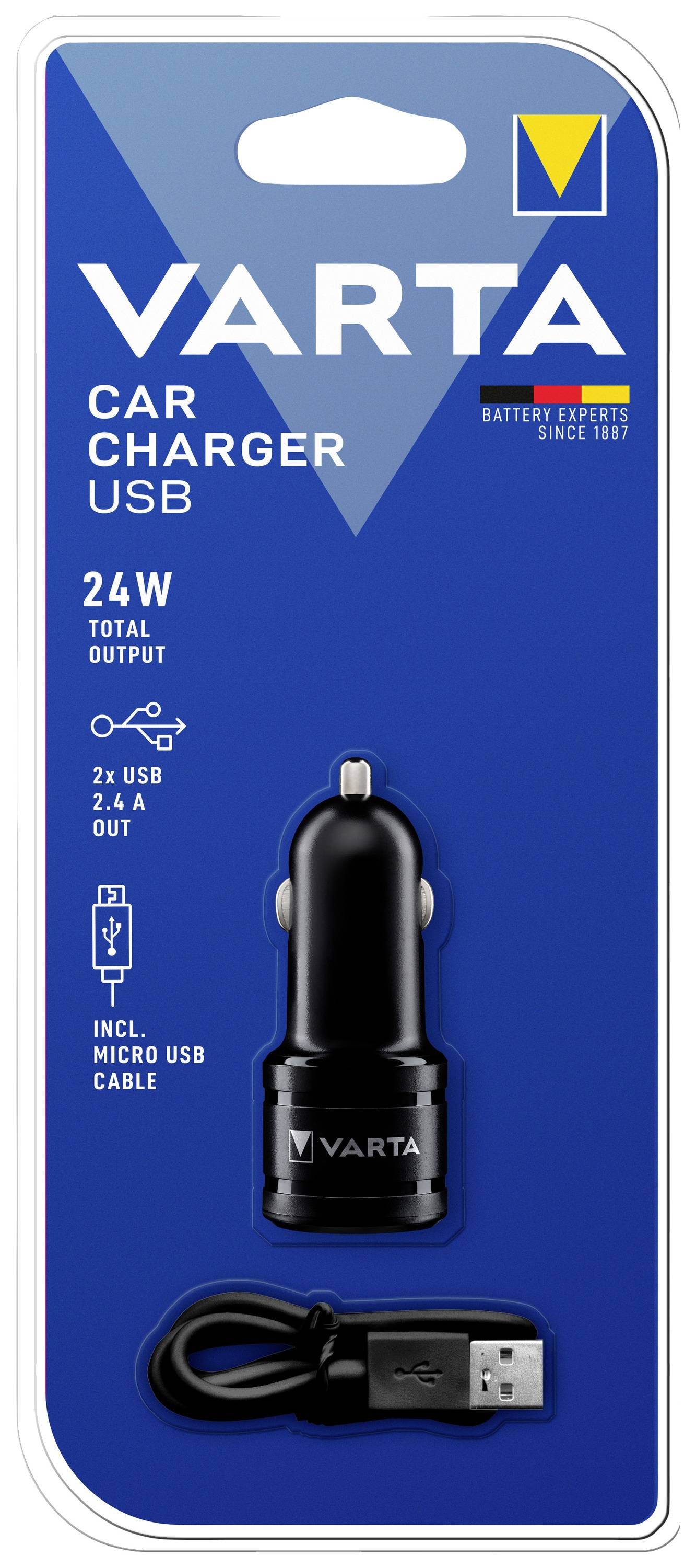 Chargeur de voiture et câble Micro-USB de Varta sur fond bleu. Puissance totale de 24W, 2 ports USB de 2,4A. Emballé.