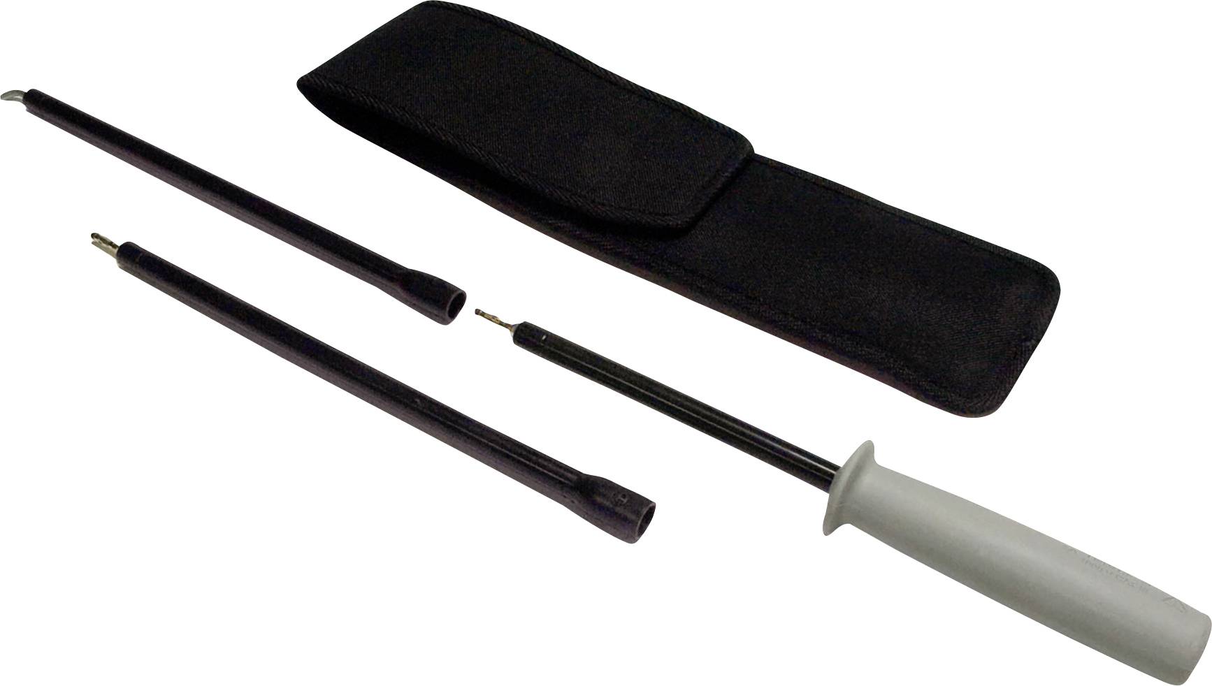 Un ensemble de trois sondes avec un boîtier noir et une poignée grise, accompagné d'un étui de protection noir.