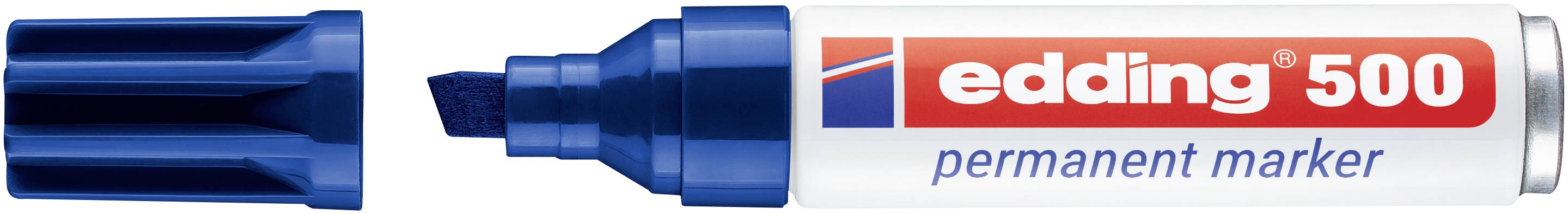 Marqueur permanent Edding 500 bleu avec capuchon retiré, montrant la pointe biseautée et le corps blanc de marque.