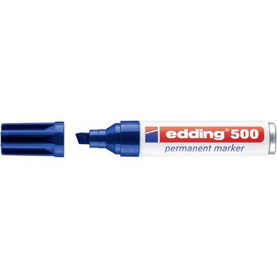 Marqueur permanent Edding 500 bleu avec capuchon retiré, montrant la pointe biseautée et le corps blanc de marque.