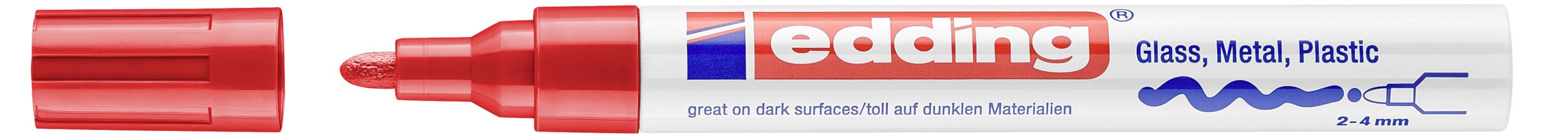Marqueur permanent Red Edding avec capuchon, étiqueté pour verre, métal et plastique ; pointe fine pour surfaces sombres.