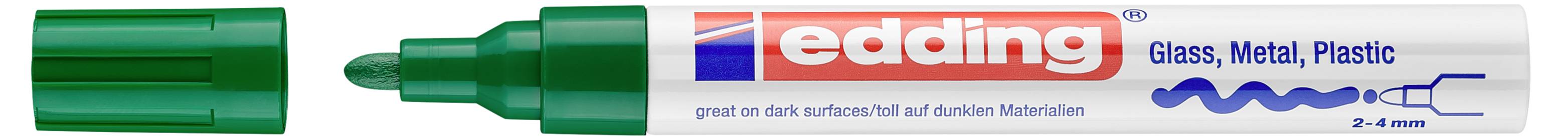Marqueur permanent Edding vert avec capuchon, étiqueté pour surfaces en verre, métal et plastique.