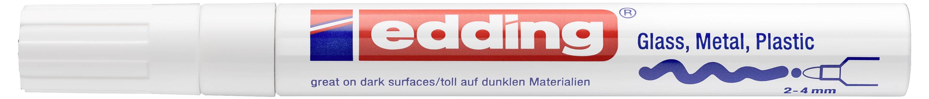 Un stylo marqueur Edding blanc étiqueté « edding » et « Verre, Métal, Plastique », avec une pointe bleue et un texte indiquant qu'il écrit sur les surfaces sombres et qu'il a une largeur de 4 mm.