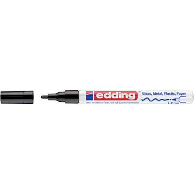 Stylo marqueur Edding noir avec capuchon montré à côté de son emballage de marque, étiqueté pour verre, métal, plastique et papier, pointe 1-2 mm.
