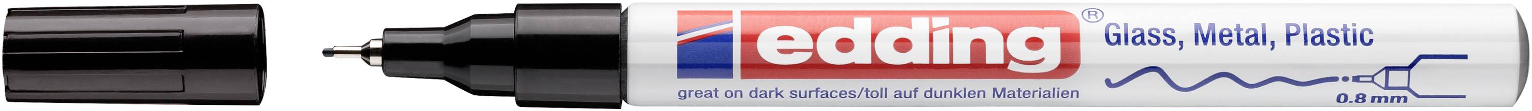 Marqueur Edding avec capuchon et pointe noirs, affichant l'étiquette de marque pour surfaces en verre, métal et plastique.