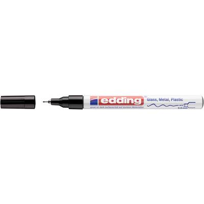 Marqueur Edding avec capuchon et pointe noirs, affichant l'étiquette de marque pour surfaces en verre, métal et plastique.