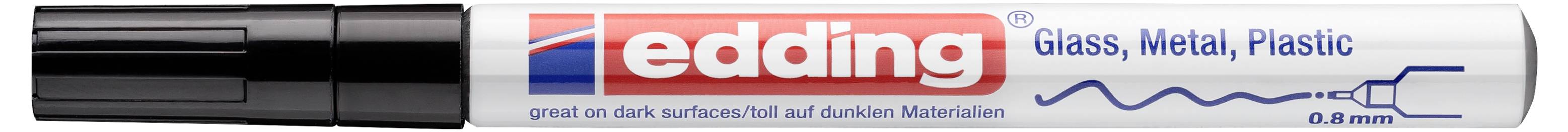 Marqueur Edding noir avec étiquette de marque rouge, présenté horizontalement sur fond blanc.
