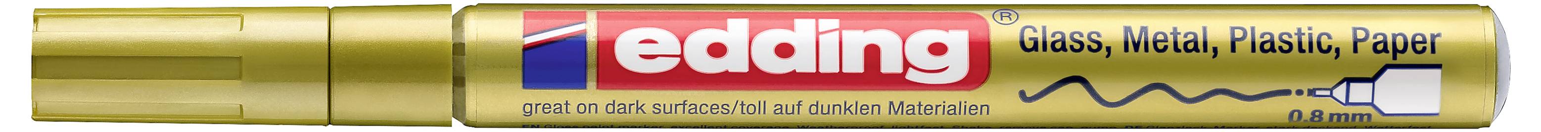 Marqueur à pointe fine doré edding, emballage produit étiqueté « edding » et « Verre, Métal, Plastique, Papier » avec un échantillon de ligne bleue.