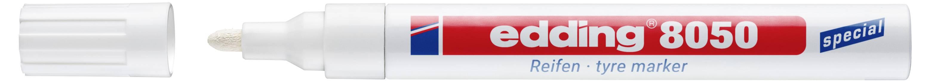 Marqueur de pneu spécial Edding 8050 blanc, le capuchon retiré, montrant la pointe de feutre blanche et l'étiquette rouge sur le corps du marqueur.